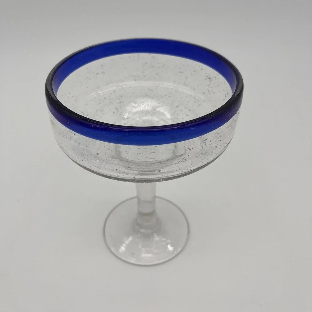 Hand Blown Mexican Margarita Glass Cobalt Blue Rim Seeded Glass Barware
